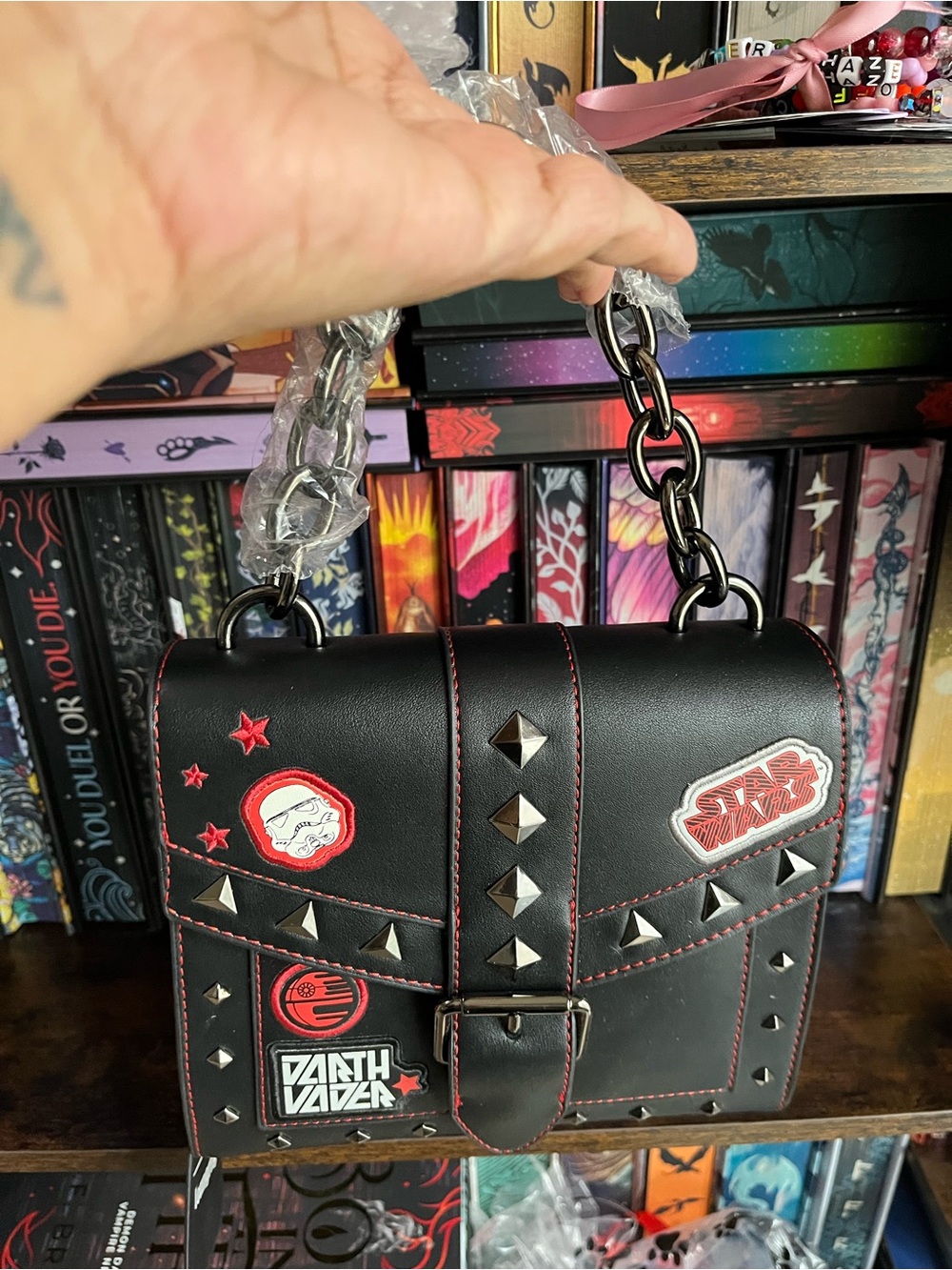 Star Wars Loungefly Darth Vader black leather crossbody bag with red stitching,